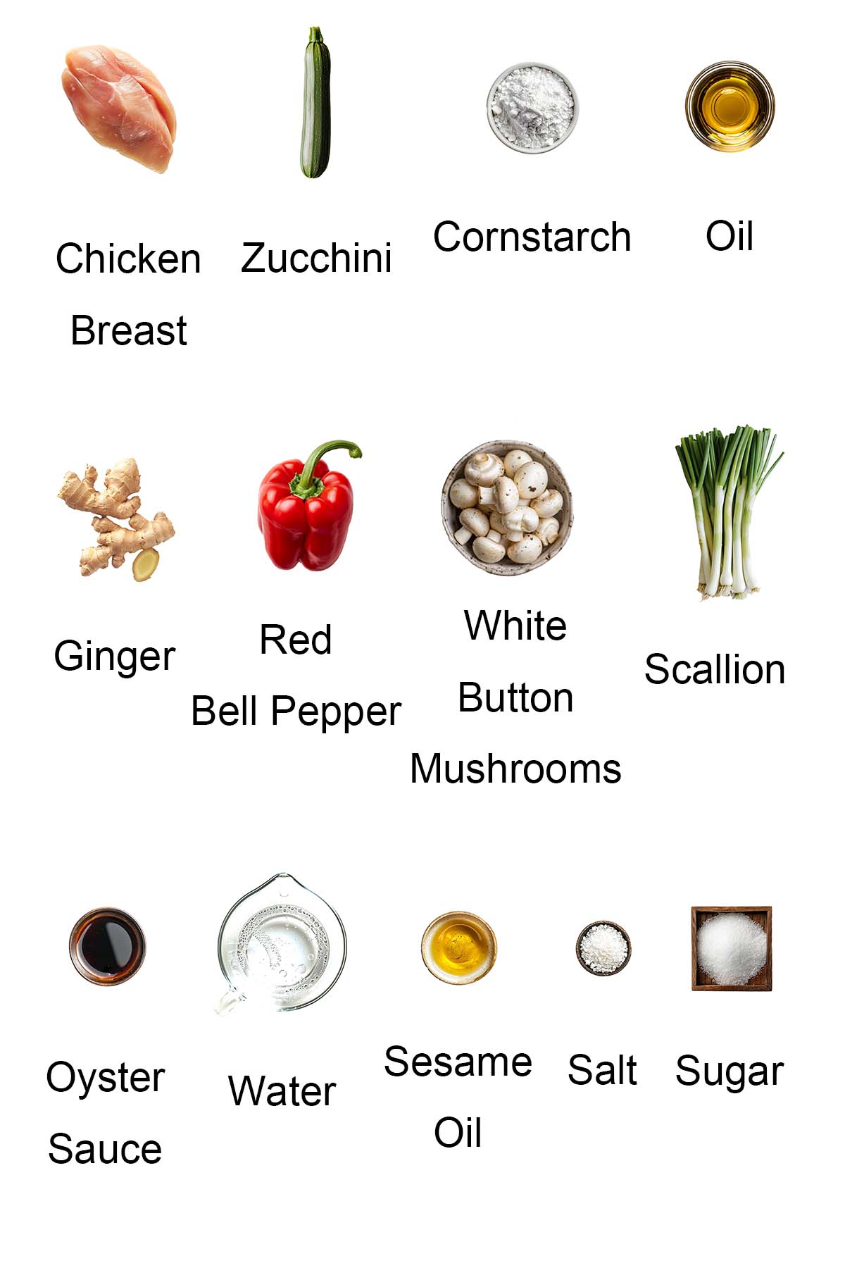 Ingredients for zucchini and chicken stir fry.