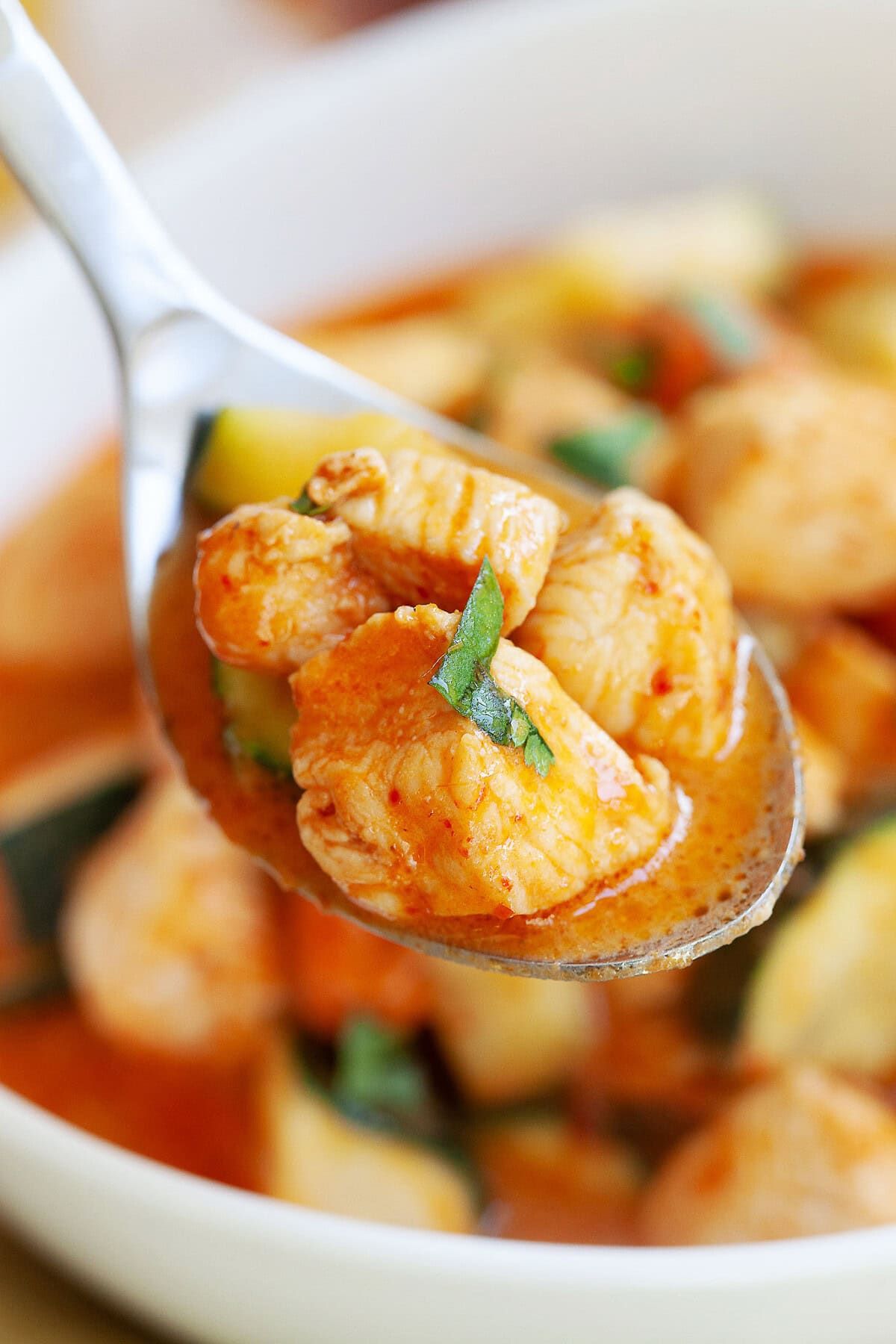 Zucchini (courgette) curry with chicken on a spoon.