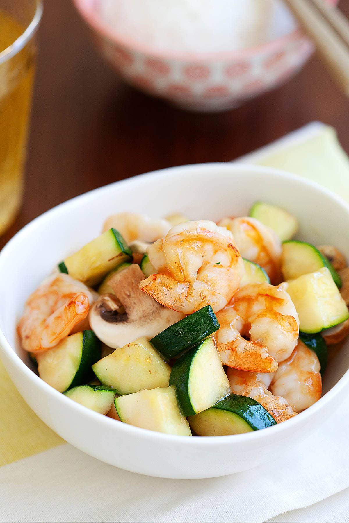 Zucchini with shrimp served in a bowl.