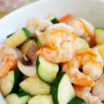 Shrimp zucchini and mushroom stir fry with Chinese brown sauce.