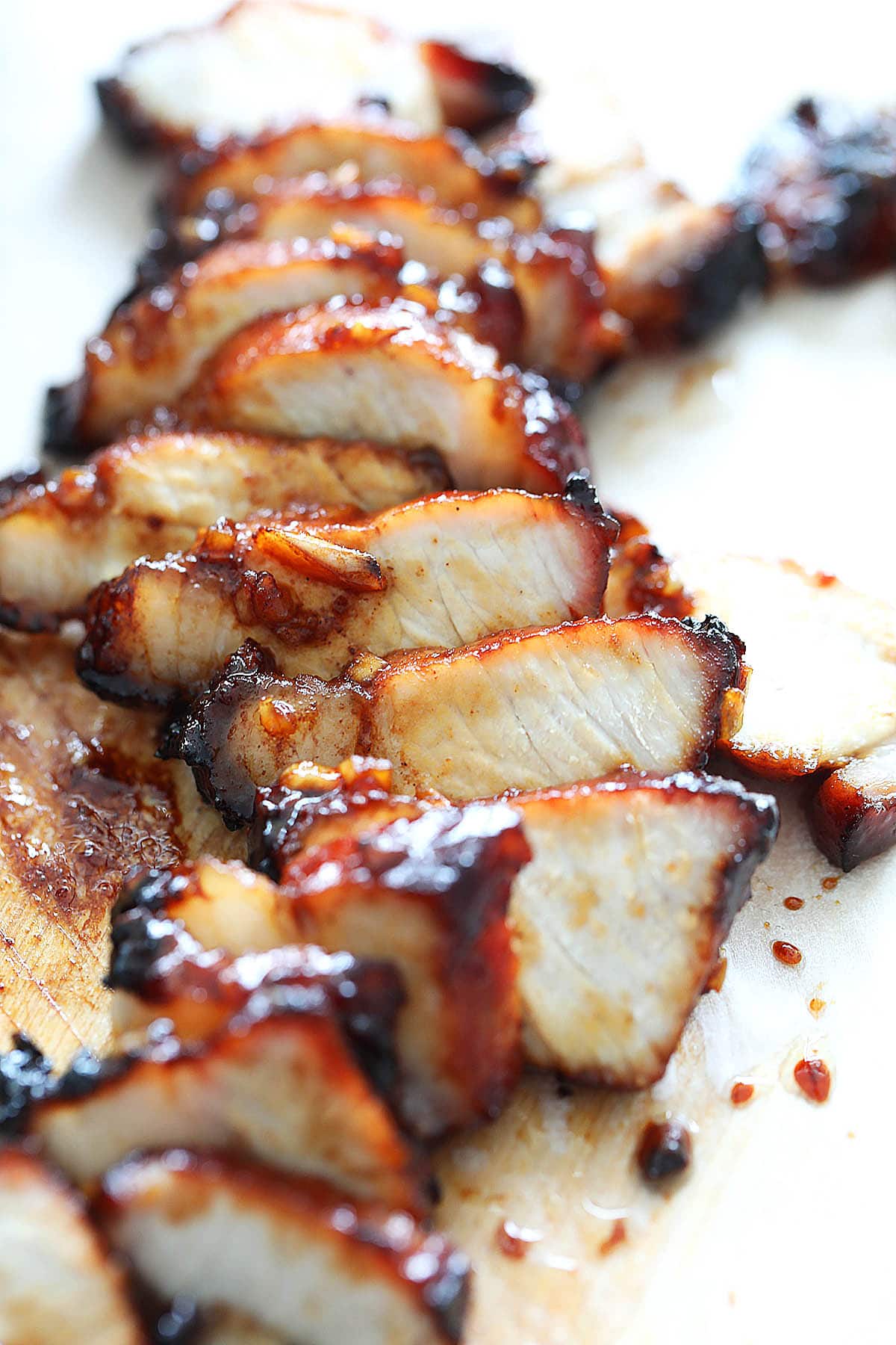 Air fryer Chinese BBQ pork belly, sliced and ready to serve.