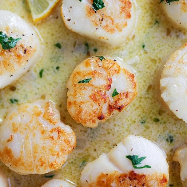 Creamy garlic scallops in a white wine cream sauce, garnished with parsley.