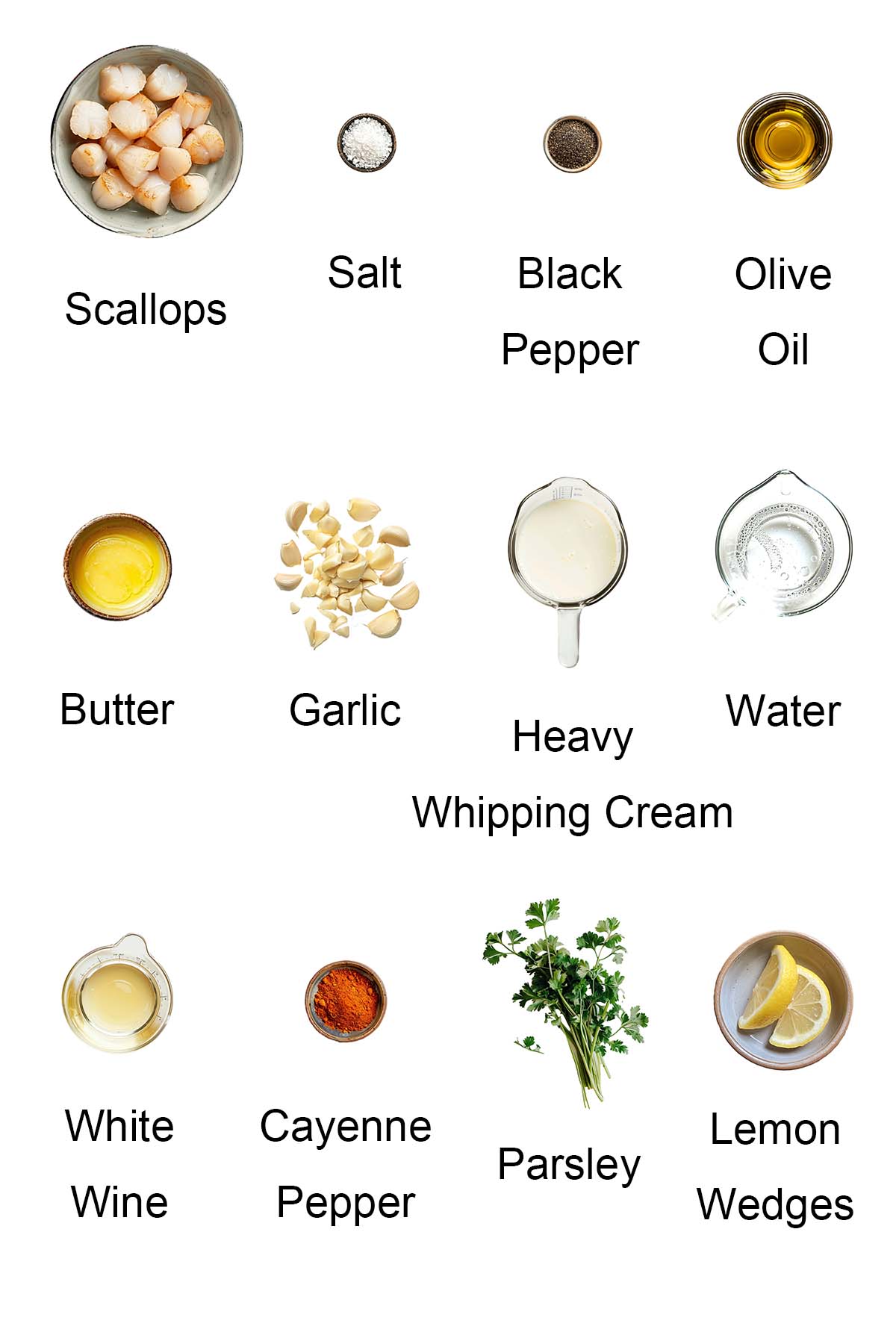 Ingredients for creamy garlic scallops.