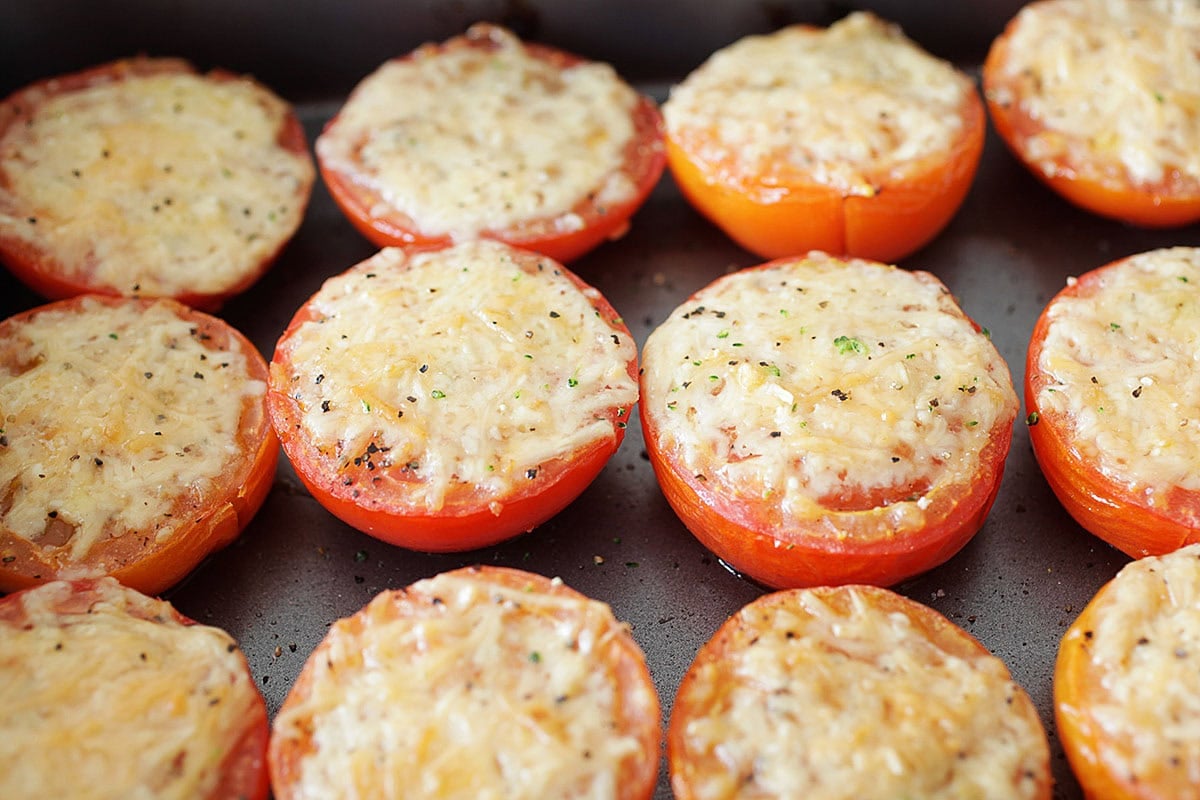 Parmesan crusted baked tomatoes, fresh out of the oven.