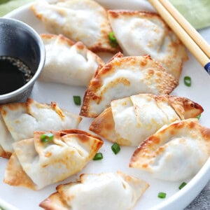 Crispy air fryer gyoza served on a plate with ponzu dipping sauce.