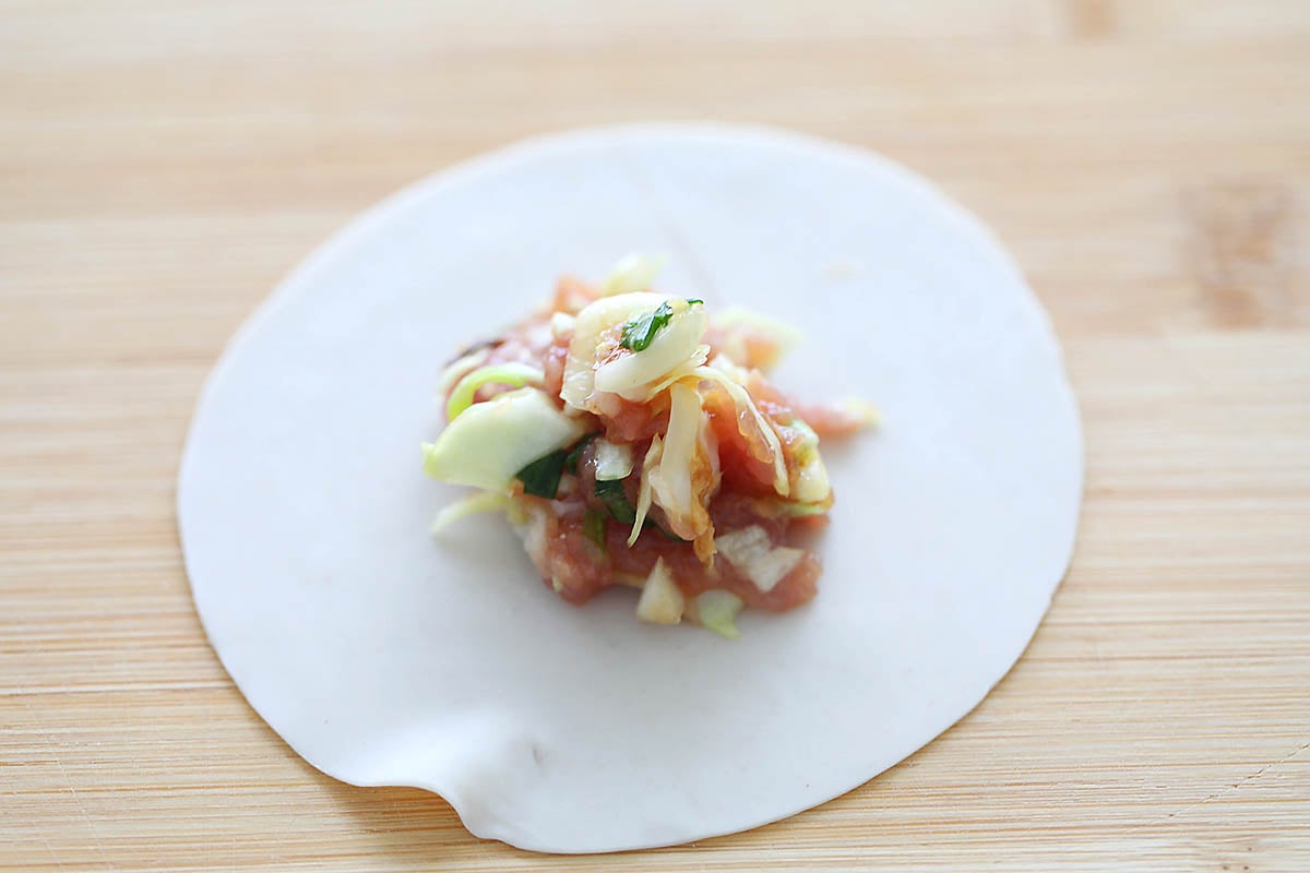 Pork gyoza filling in the center of the wrapper.