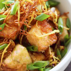 Ginger soy habit recipe made with halibut fish fillet, soy sauce, ginger and scallions.