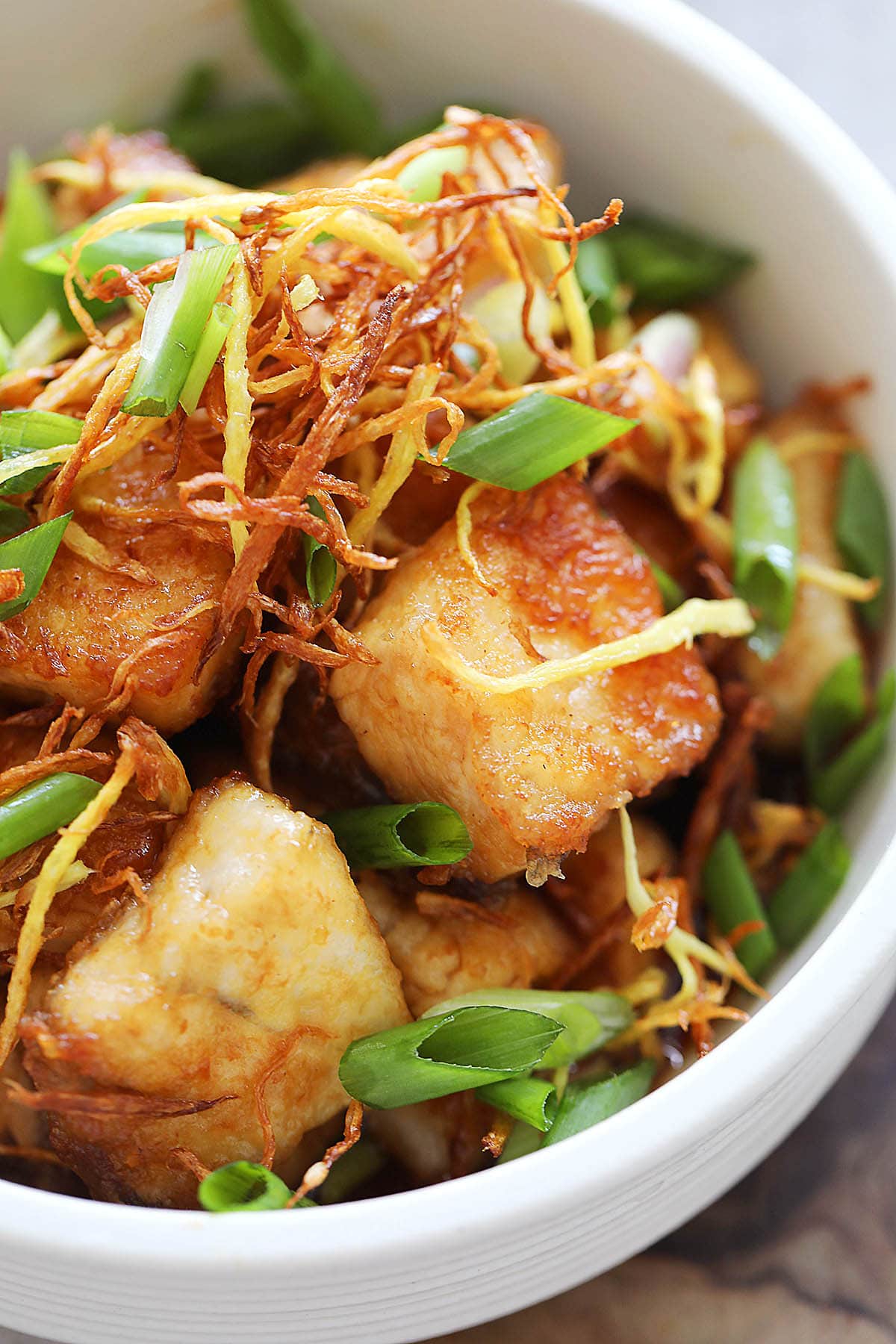 Ginger soy habit recipe made with halibut fish fillet, soy sauce, ginger and scallions.