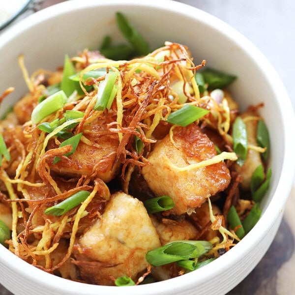 Pan seared halibut in ginger soy sauce.