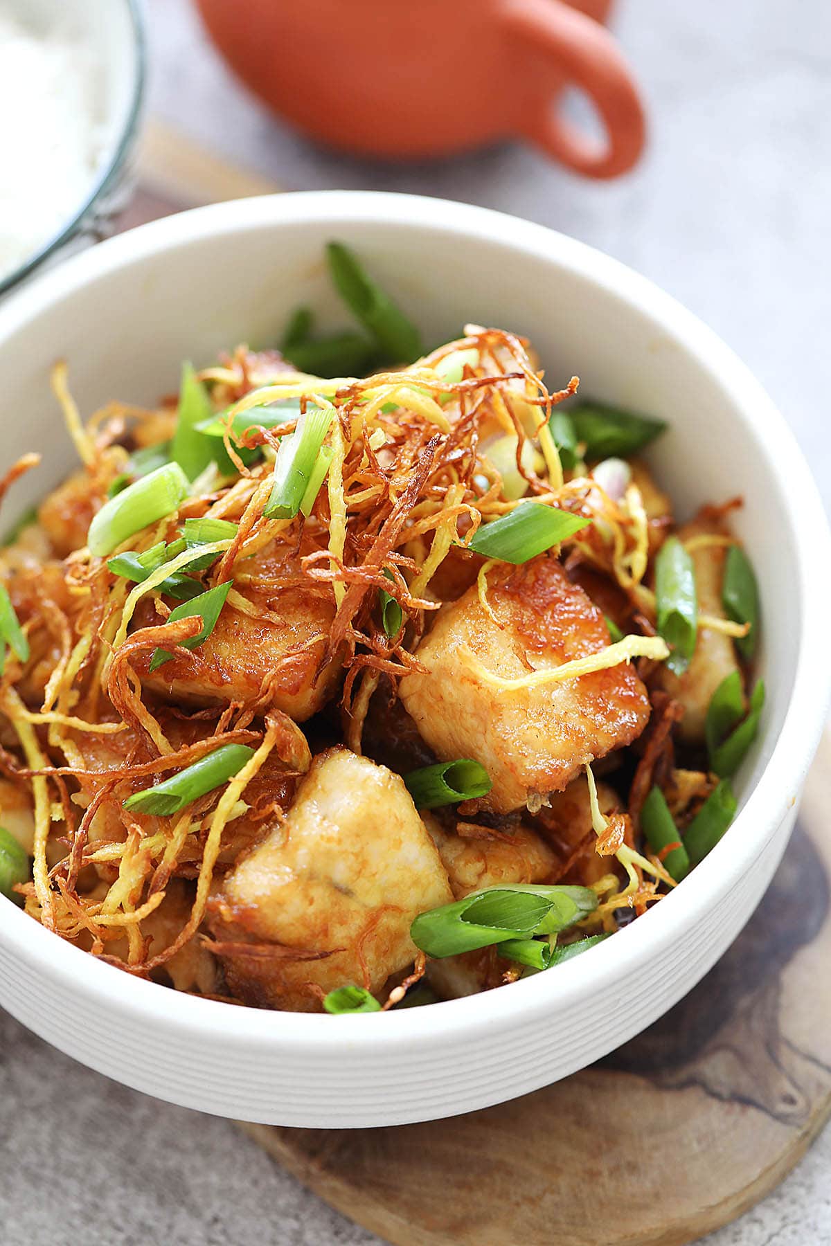 Pan seared halibut in ginger soy sauce.