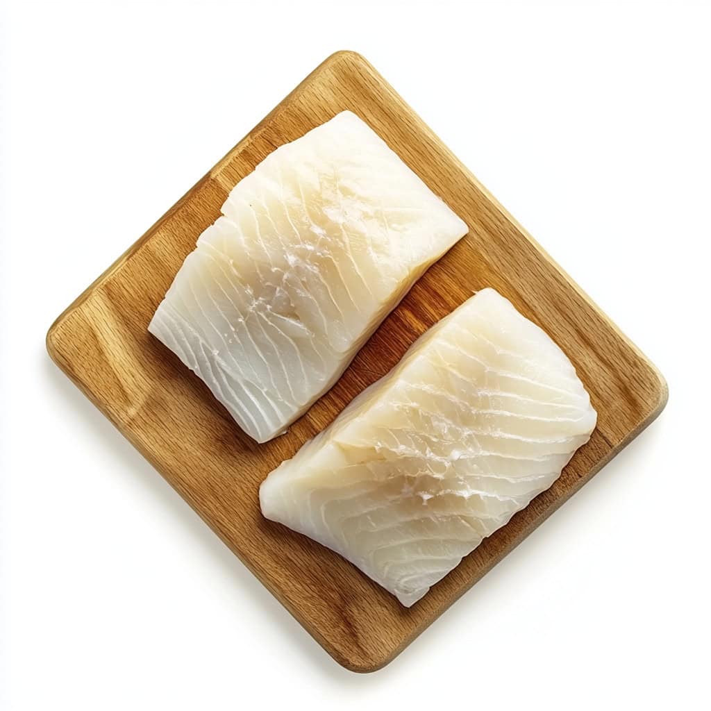 Halibut fish fillet on a chopping board.