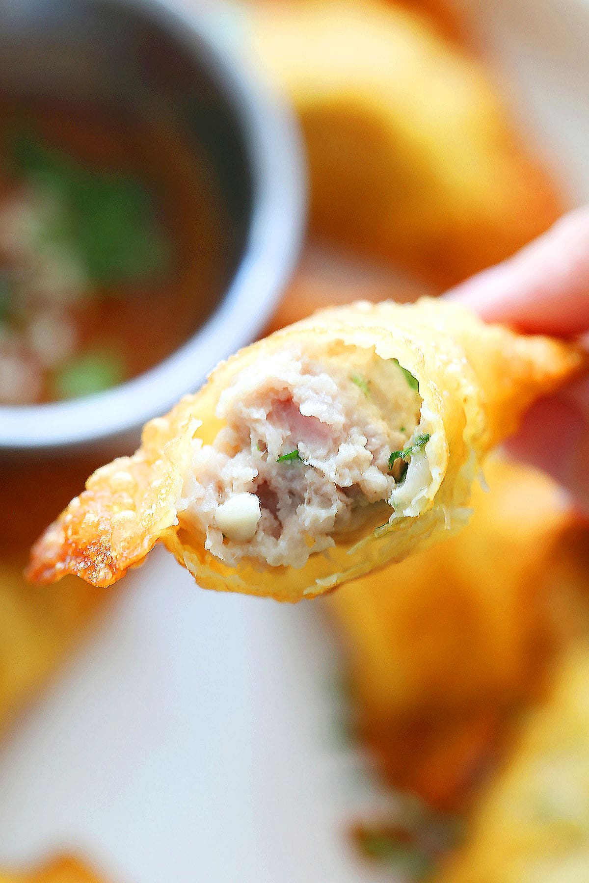 Thai fried wonton with juicy pork filling wrapped in a crispy golden wonton wrapper.