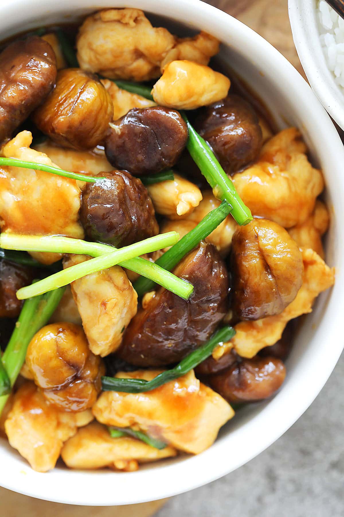 Chinese chestnut chicken served in a bowl.