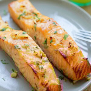 Honey mustard salmon served one plate.