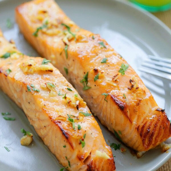 Honey mustard salmon served one plate.