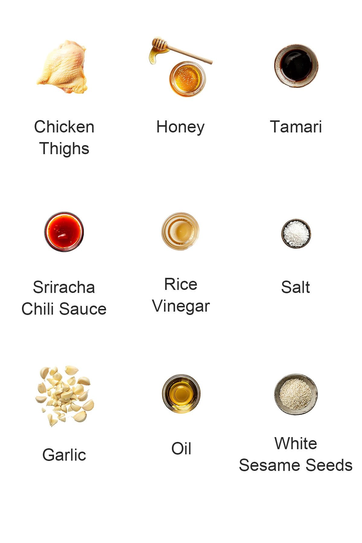Ingredients for Sriracha chicken.