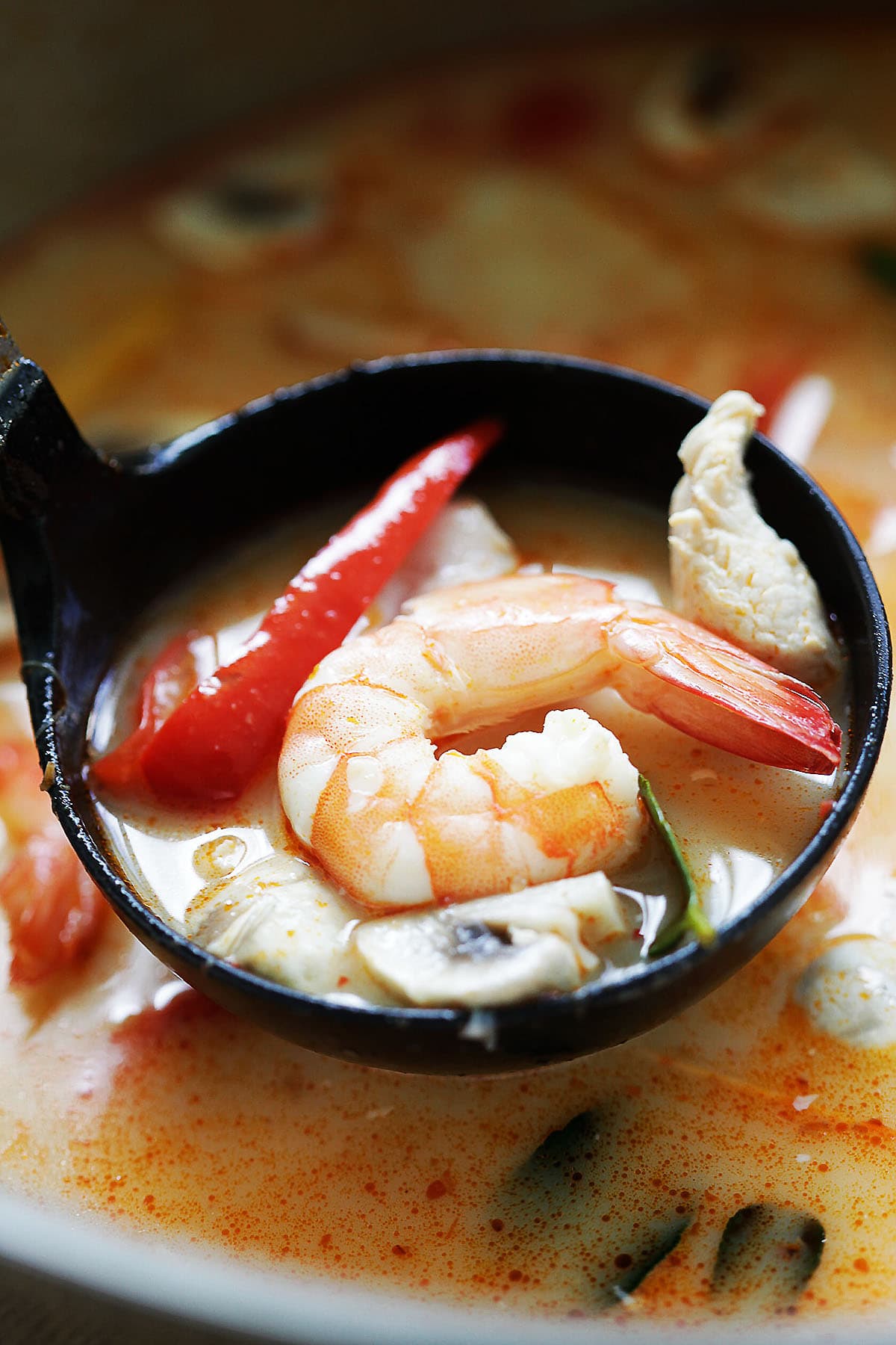 Thai coconut soup in a ladle with red curry paste, shrimp, and chicken.