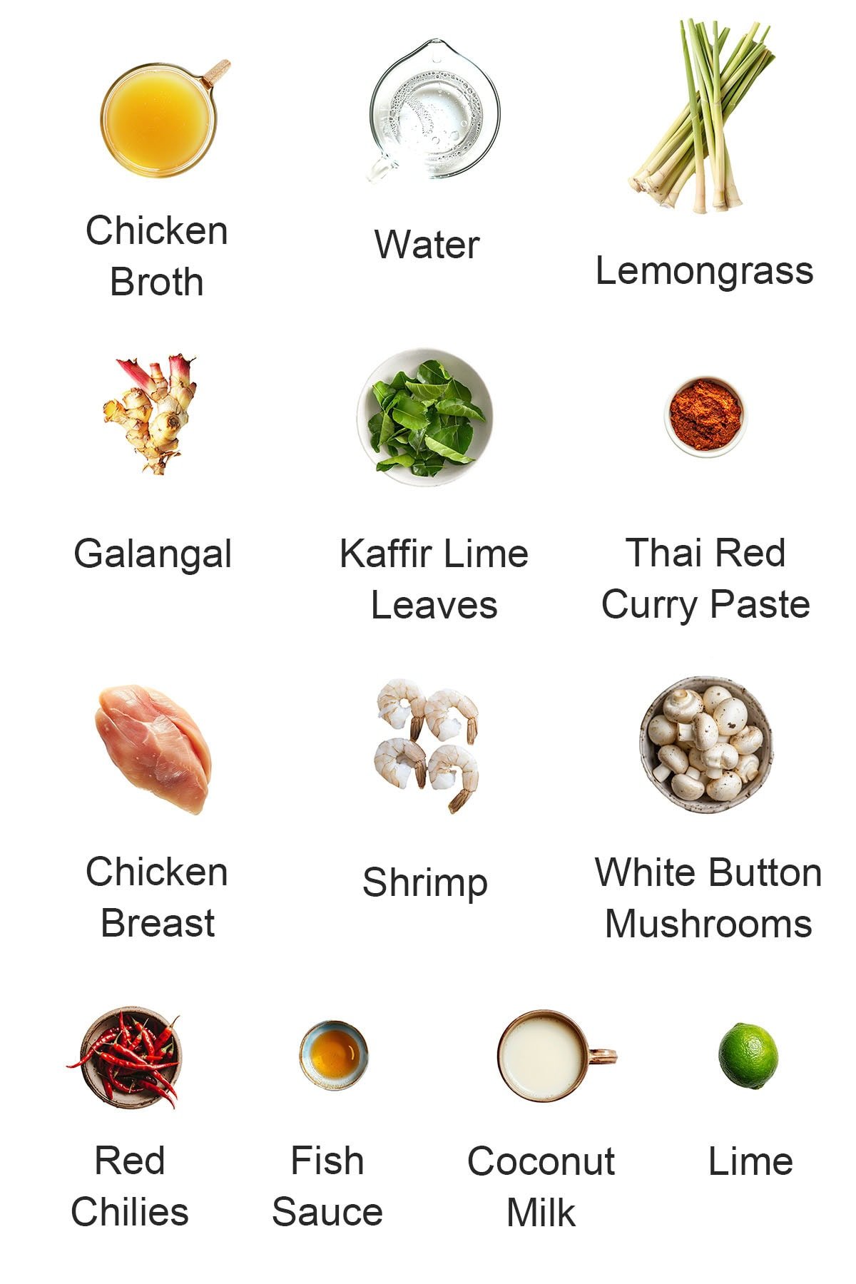 Ingredients for Thai coconut soup with chicken and shrimp.