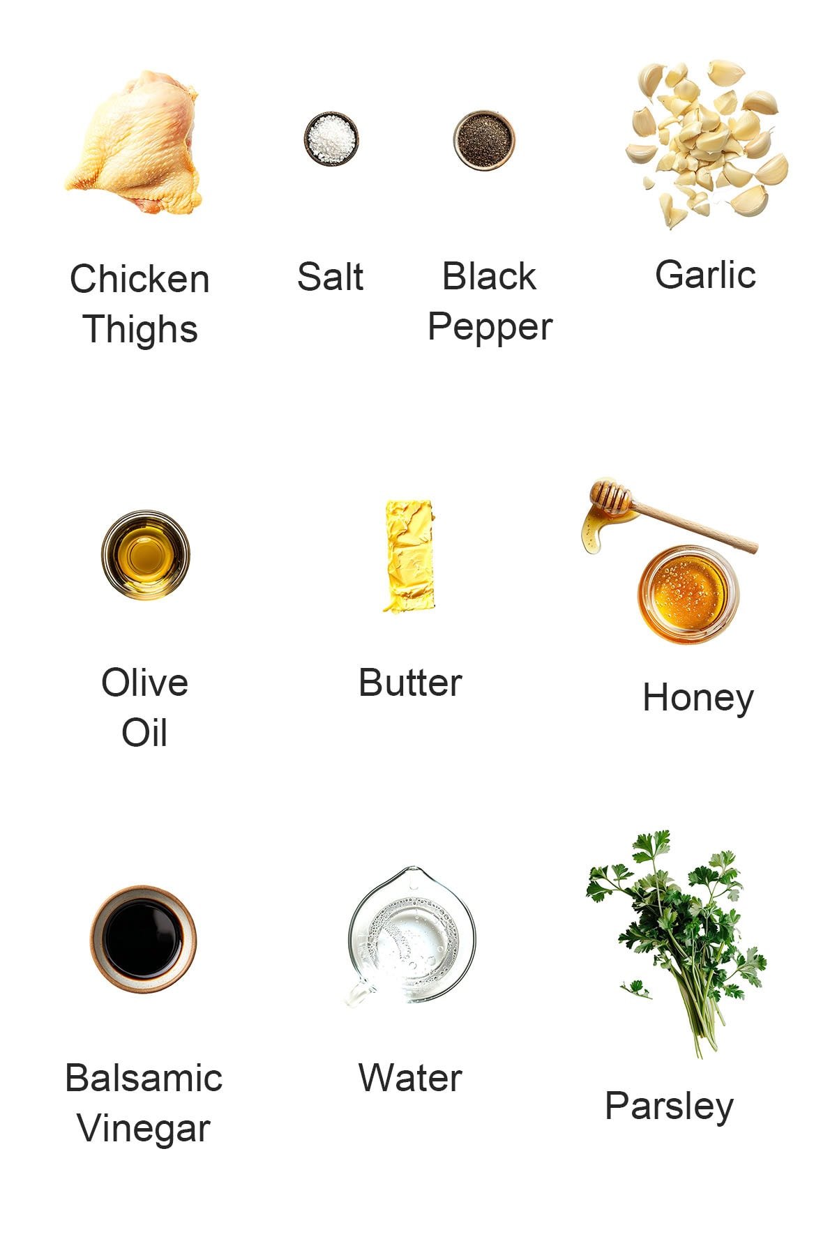 Ingredients for balsamic and honey chicken.