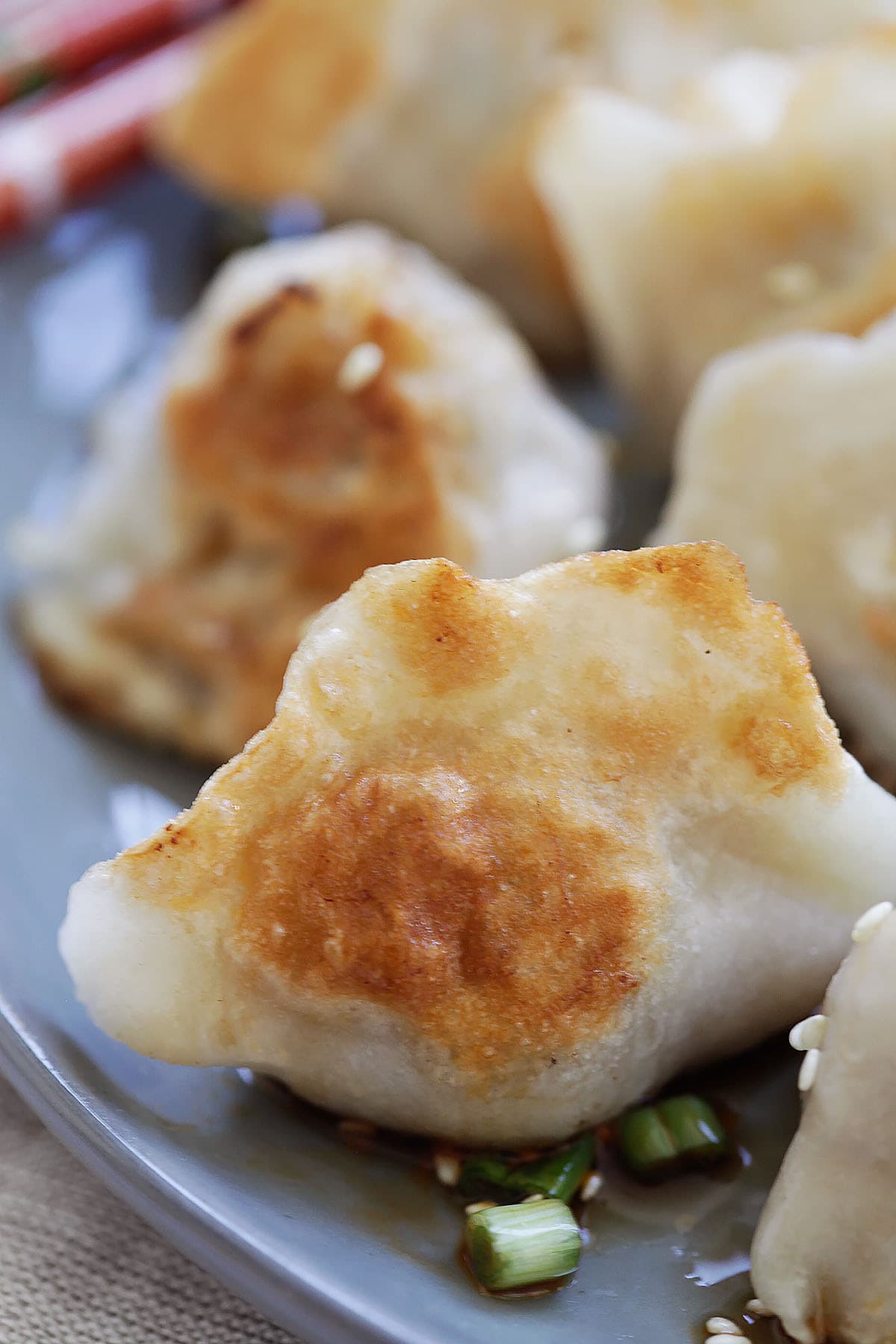 Homemade pork and shrimp pan fried dumplings.