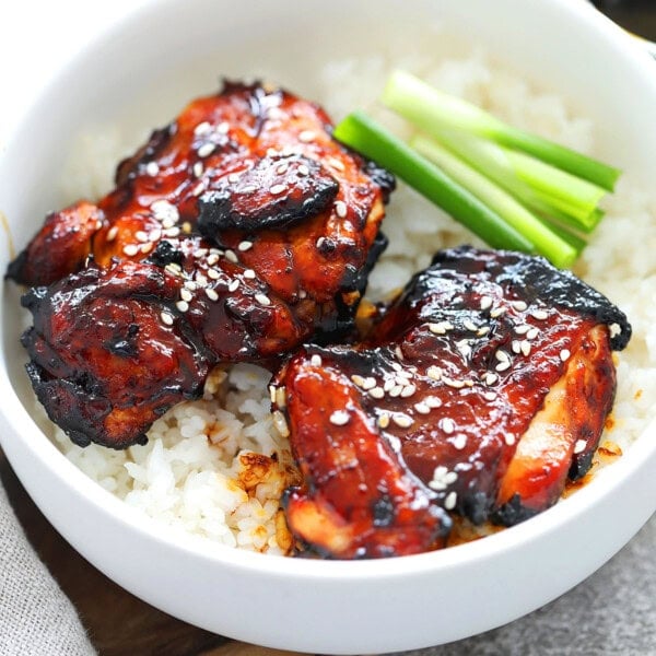 Air fryer char siu chicken made with homemade char siu sauce, served on steamed rice.