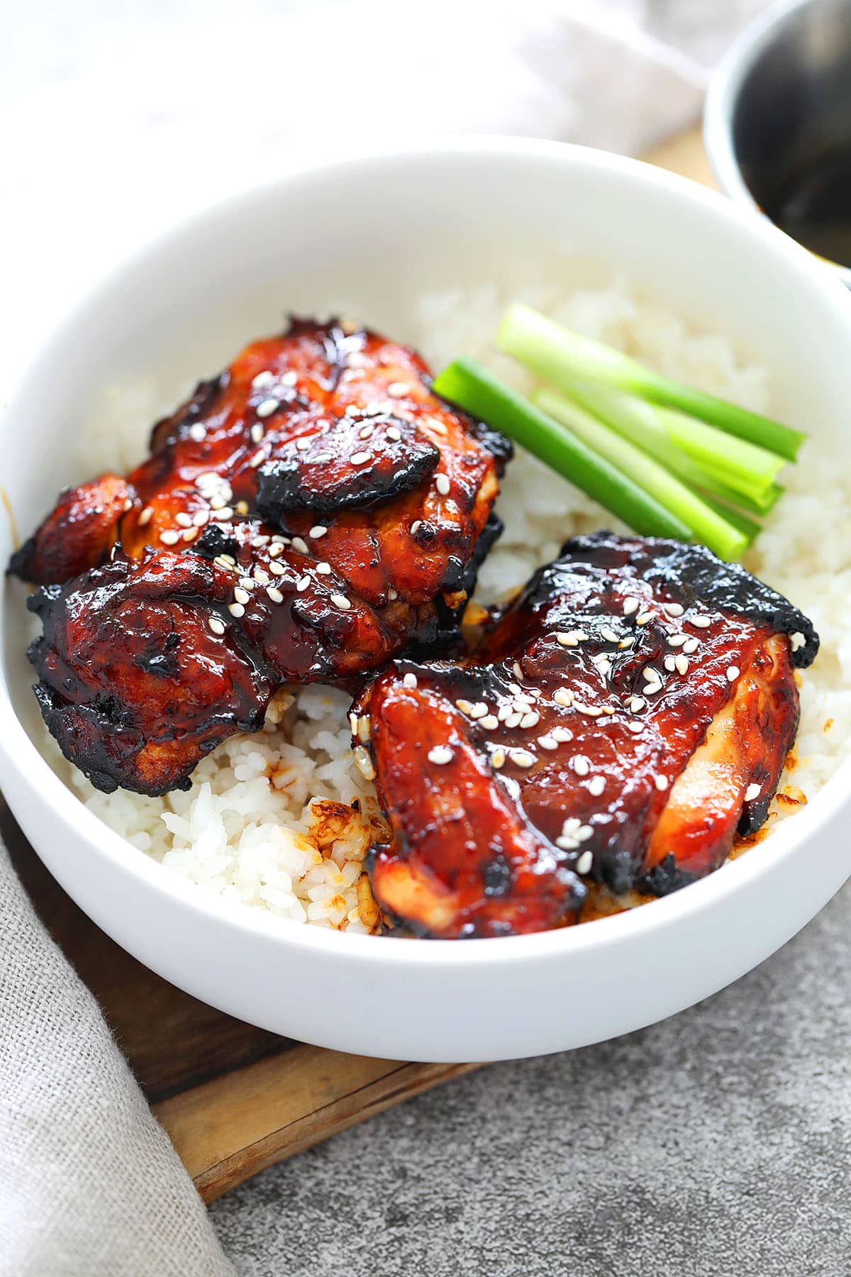 Air fryer char siu chicken made with homemade char siu sauce, served on steamed rice.