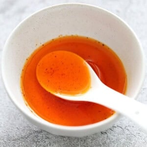 Homemade chili oil in a bowl.