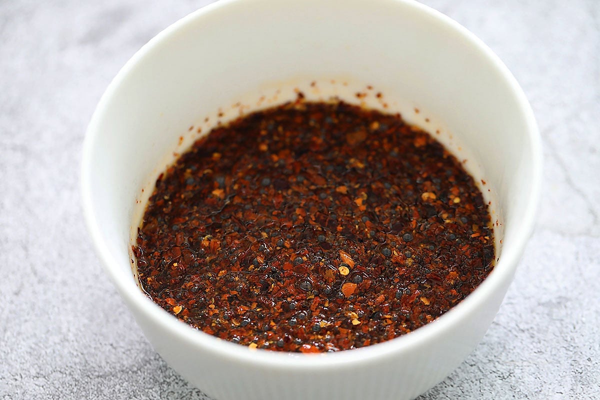 Hot chili oil in a bowl.