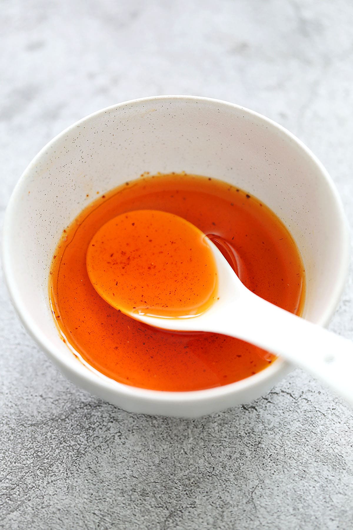 Homemade chili oil in a bowl.