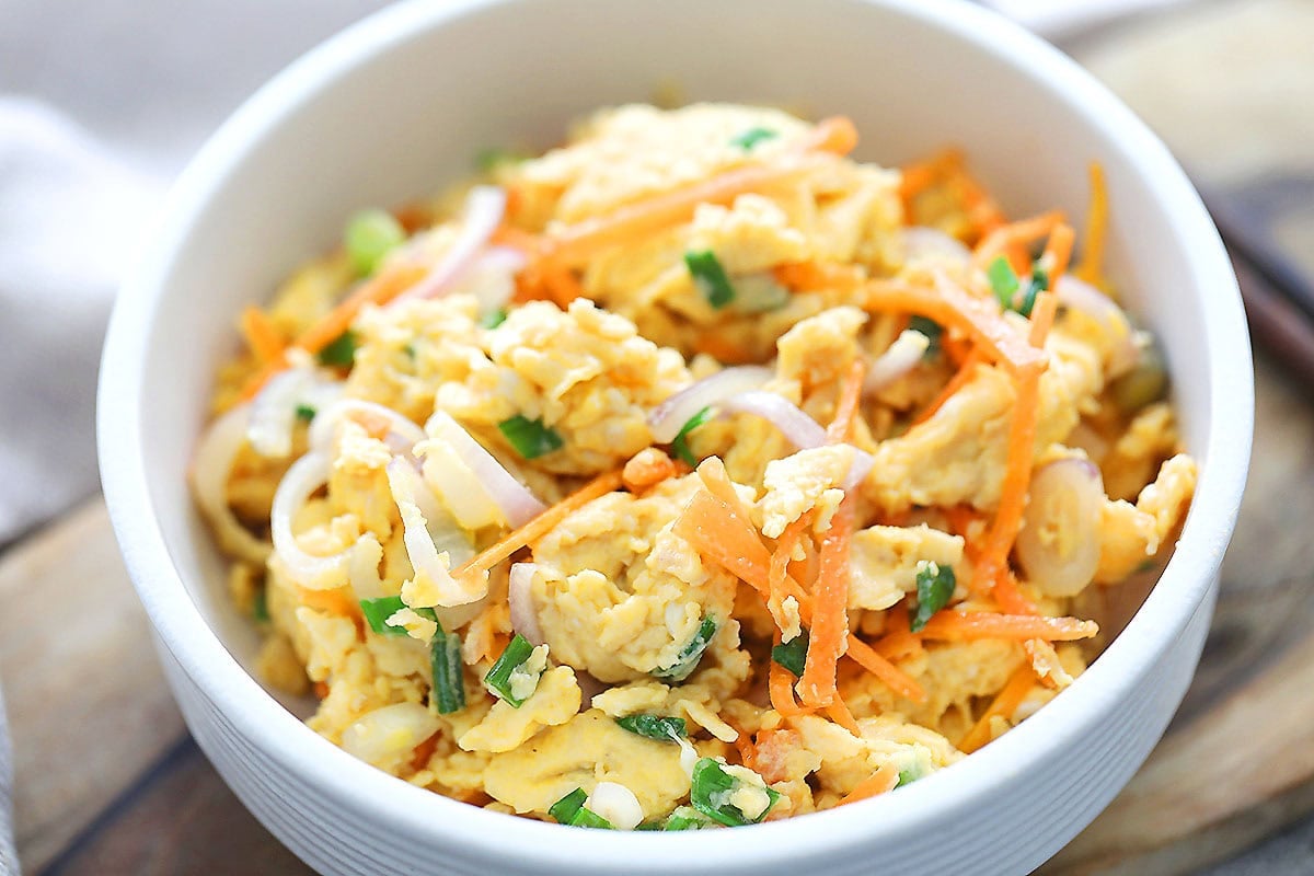 Chinese scrambled egg stir fry in a bowl.