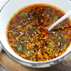 Chinese dumpling dipping sauce in a bowl.