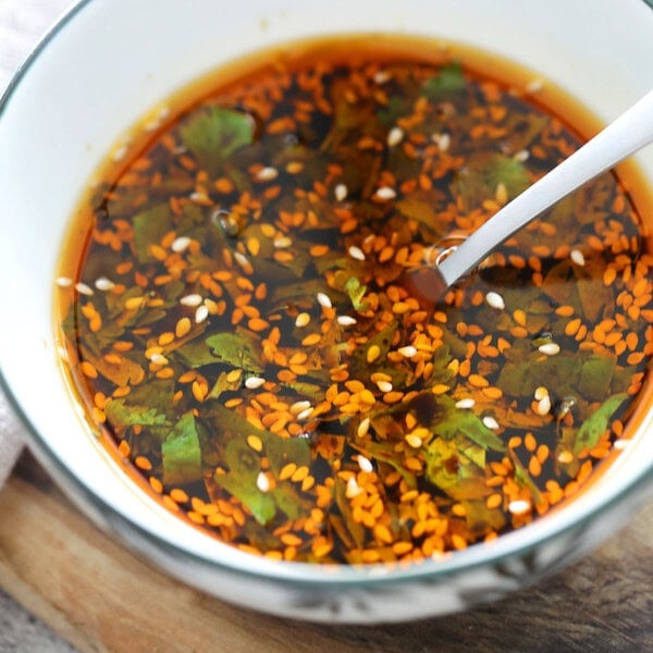 Chinese dumpling dipping sauce in a bowl.