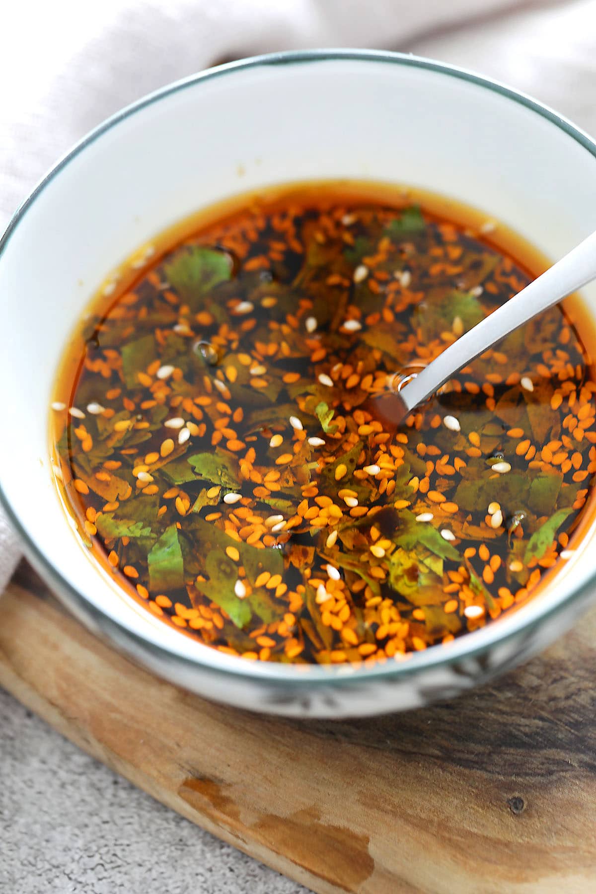 Chinese dumpling dipping sauce in a bowl.