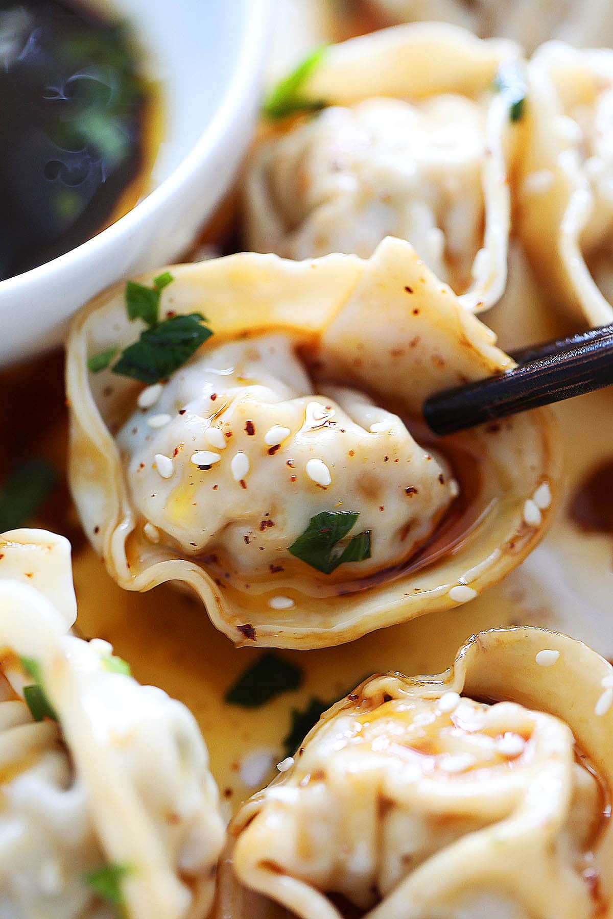 Sichuan red oil wontons made with homemade chili oil.
