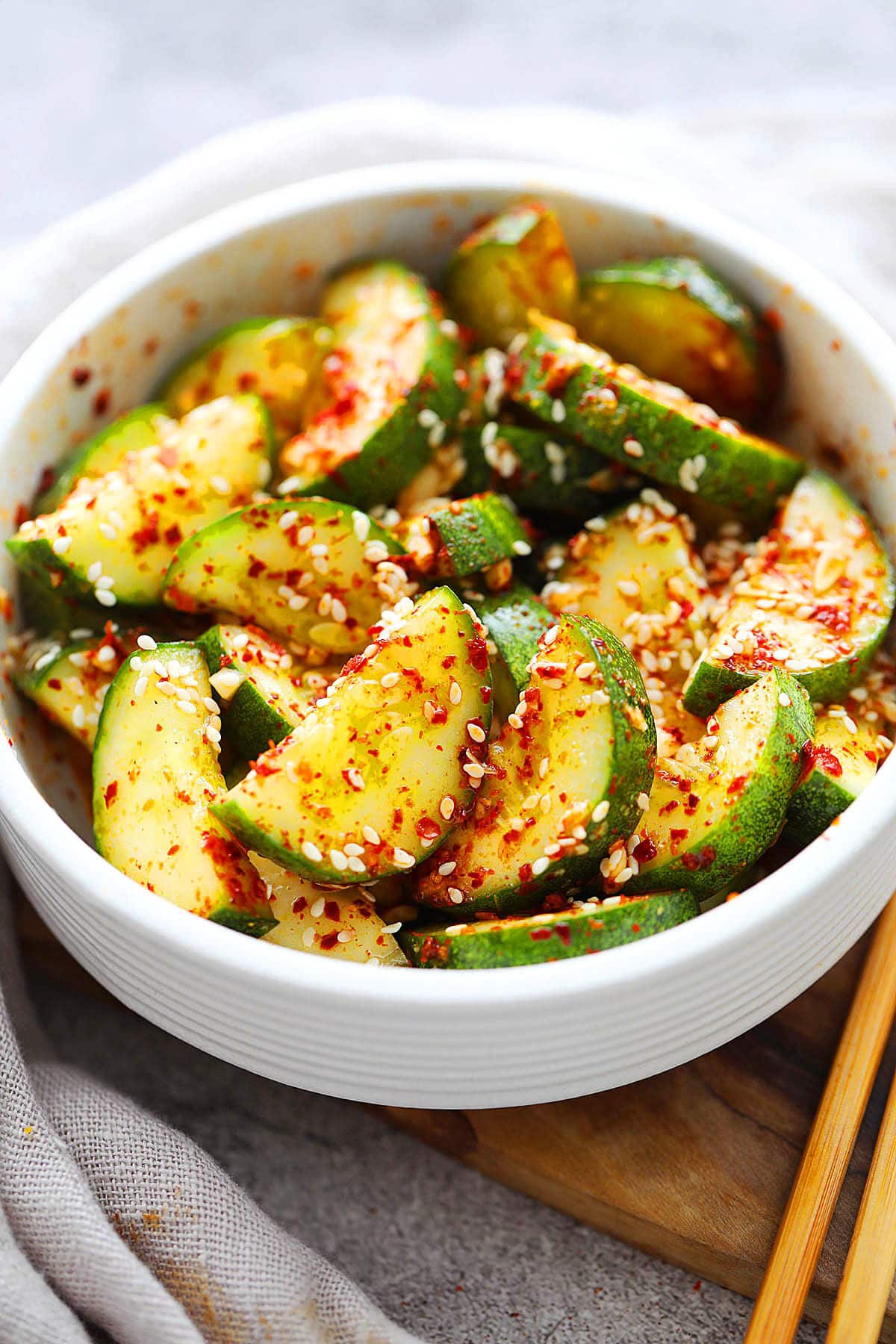 Spicy Asian cucumber salad in a bowl.