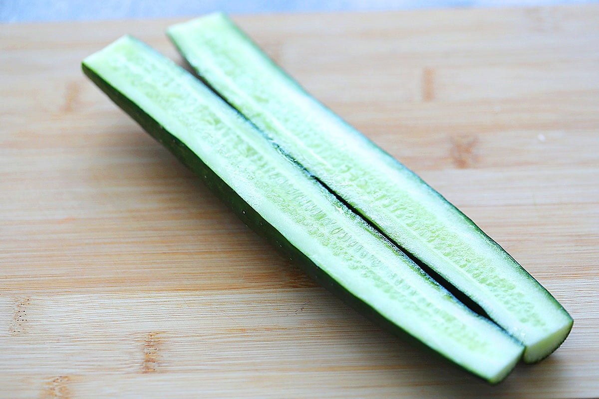 Japanese cucumber, sliced in half.