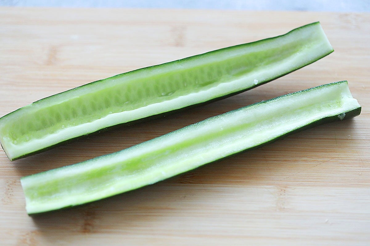 Seeds of Japanese cucumber scooped out.