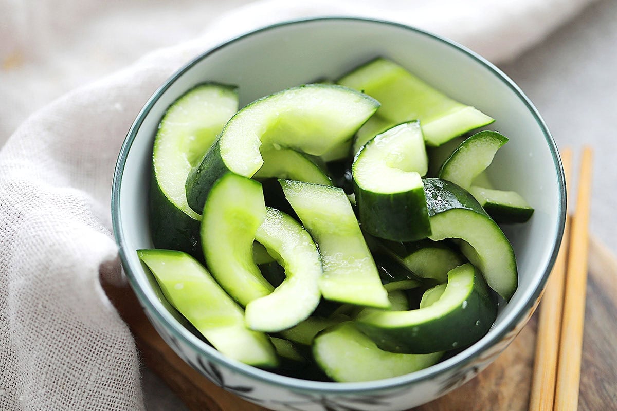 Simple and healthy Chinese cucumber salad served in a bowl.