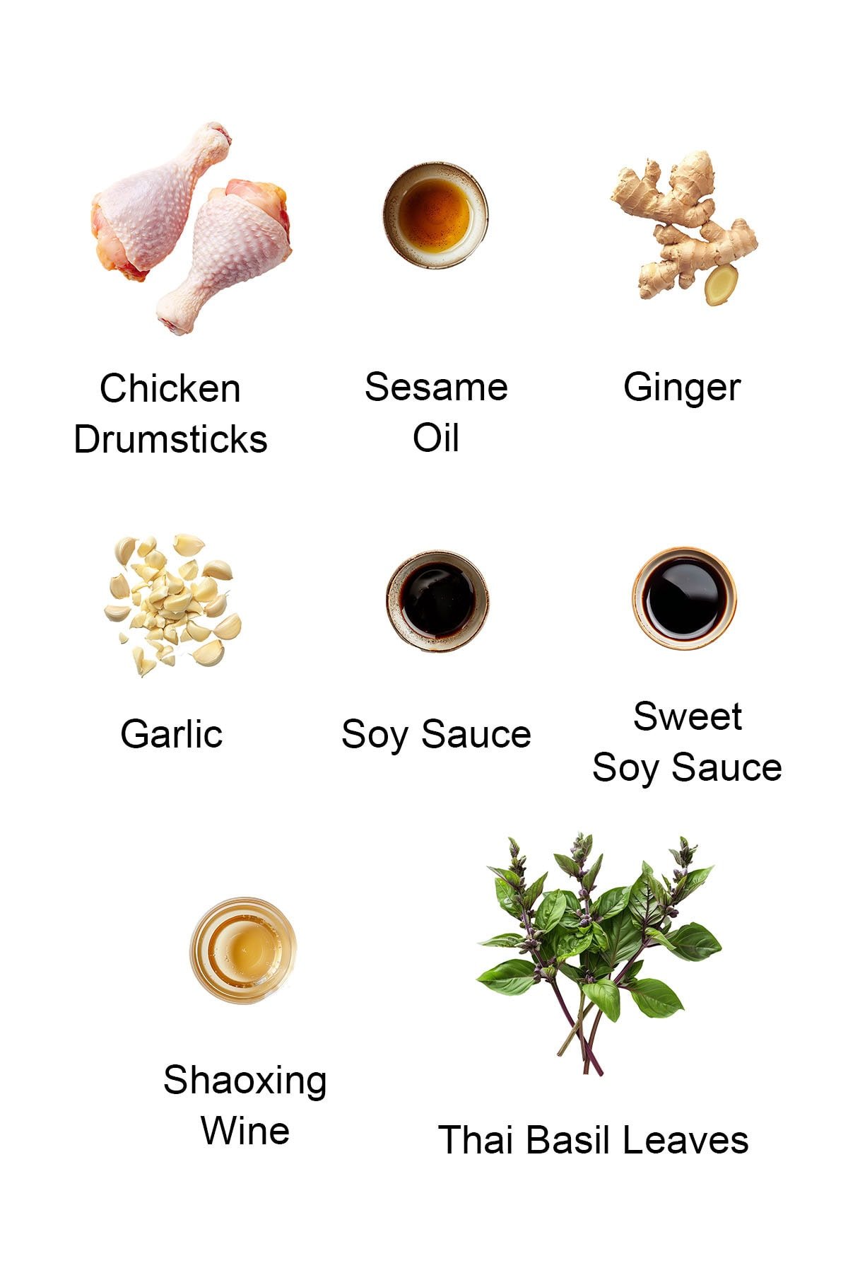 Ingredients for three cup chicken.