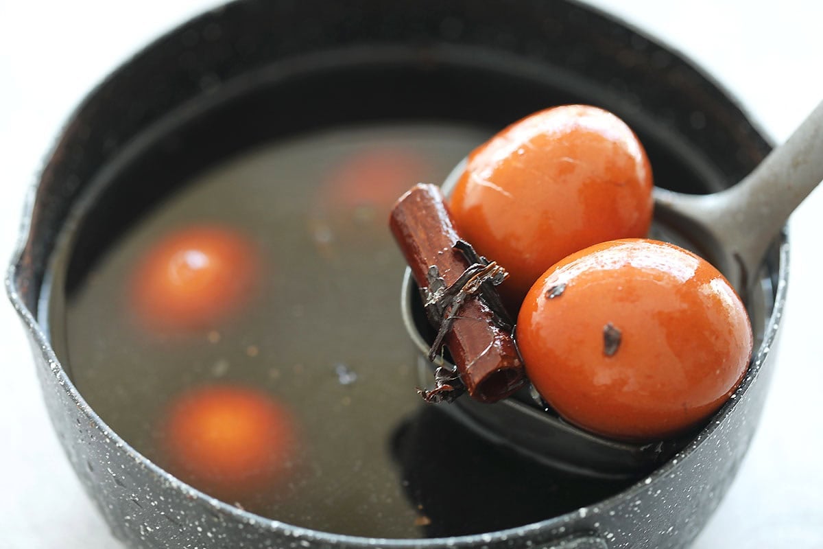 Chinese tea eggs in a pot.