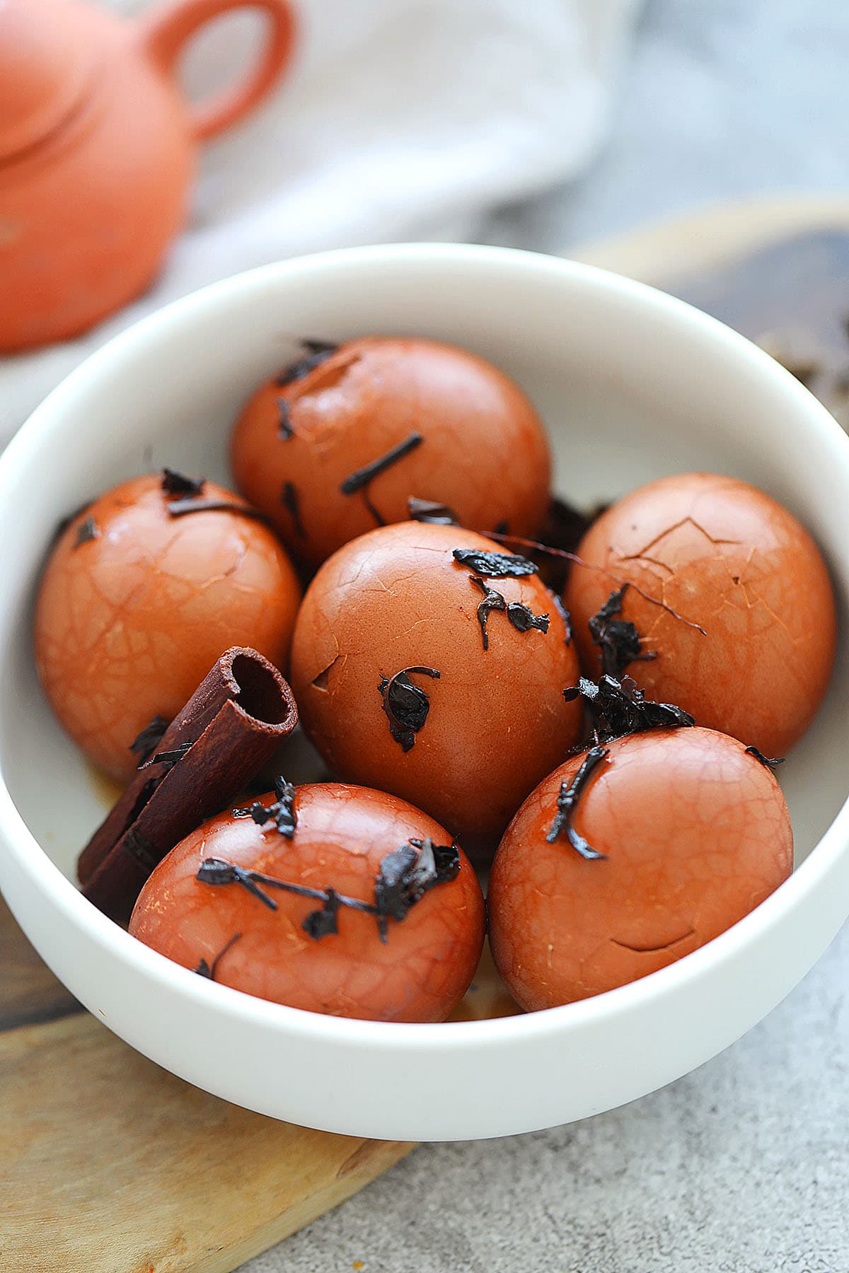 Chinese tea marbled eggs in a bowl, ready to eat.