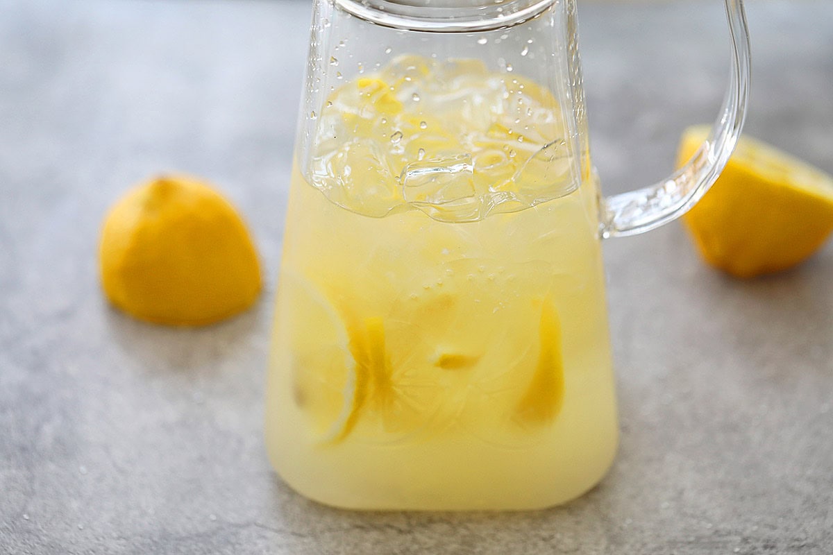 Iced lemon drop martini in a pitcher.
