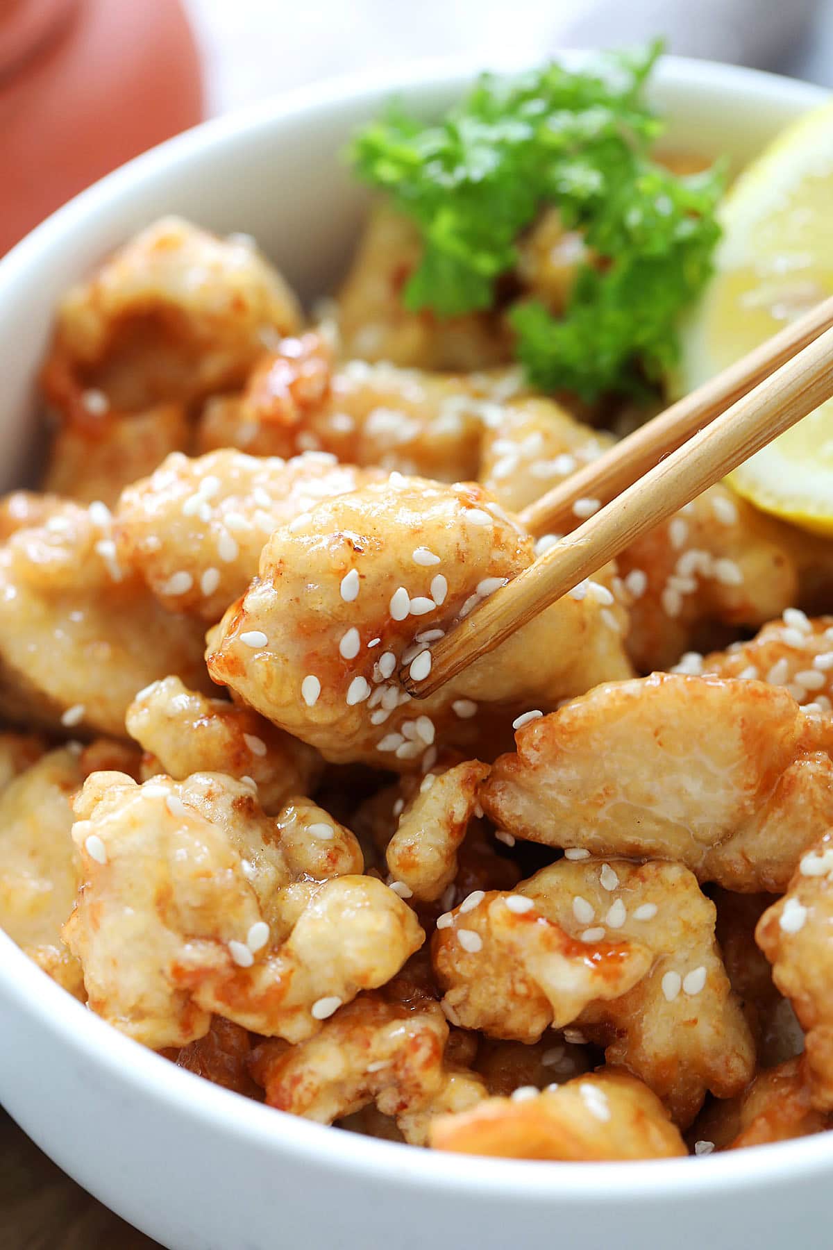 Crispy lemon chicken with homemade lemon sauce.