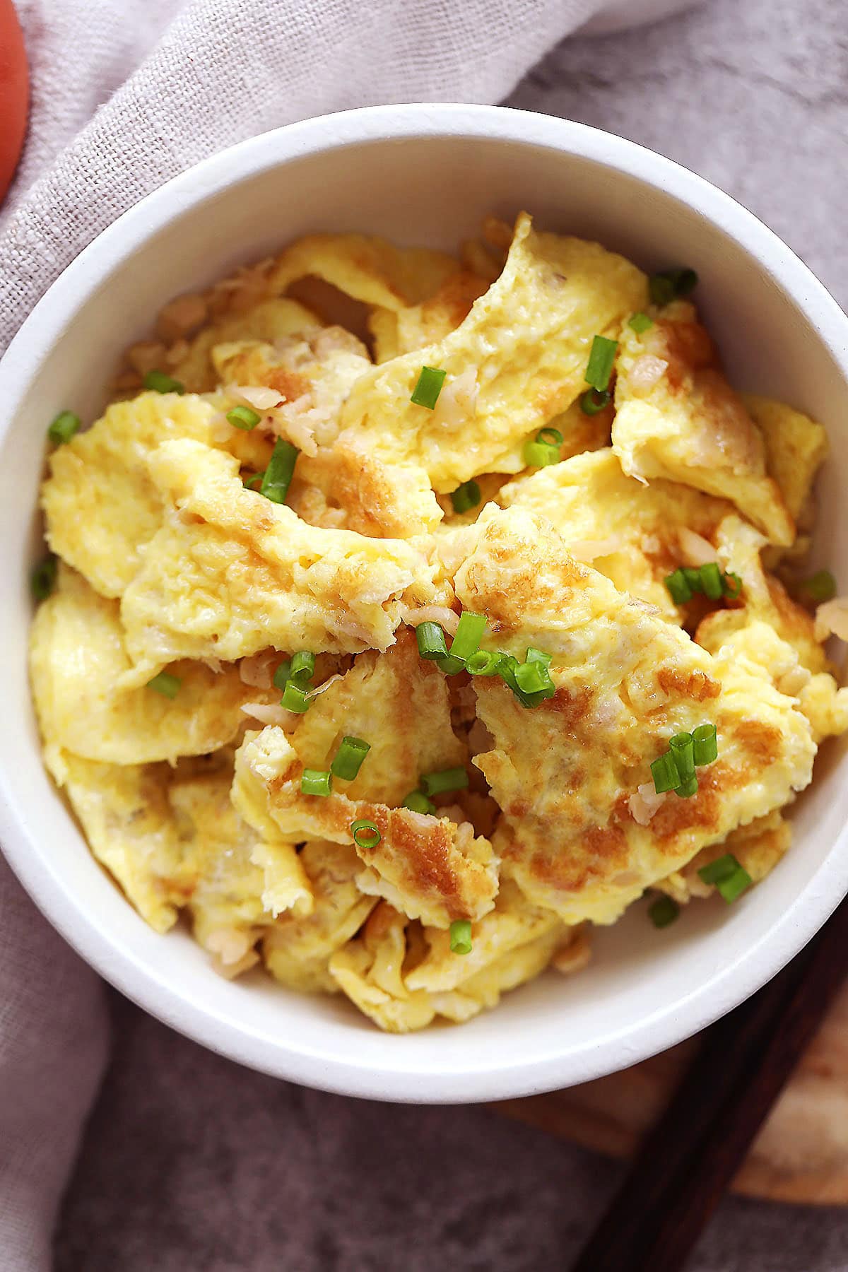 Preserved radish omelet topped with scallions.