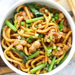 Shanghai fried noodles served in a bowl.