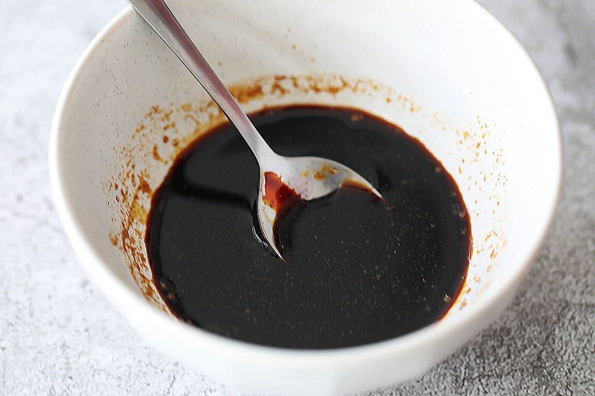 Seasoning sauce for Shanghai stir fried noodles in a bowl.
