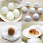 Step by step guide on how to fold tang yuan: from raw dough balls and peanut filling to the finished bowl of dumplings in syrup.