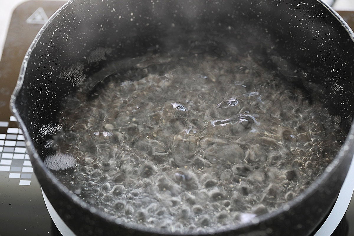 Boiling water in a pot.