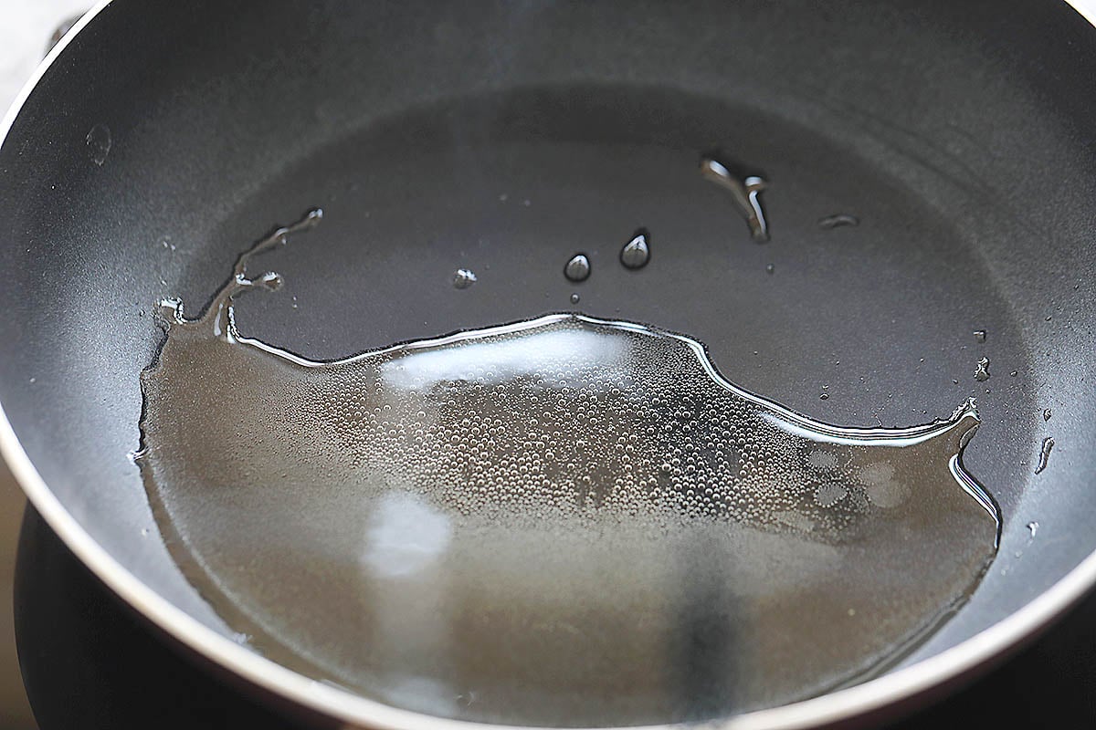 Hot oil in a pan.