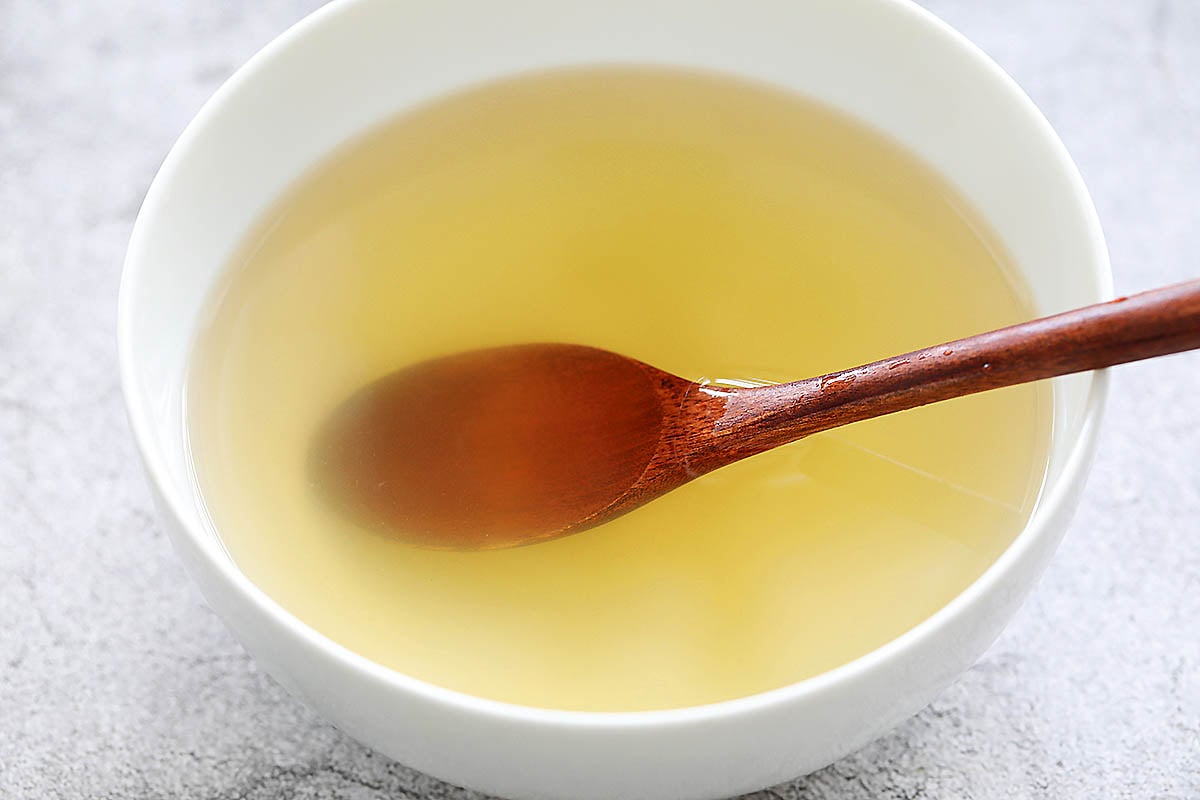 Homemade Japanese soup stock in a bowl.